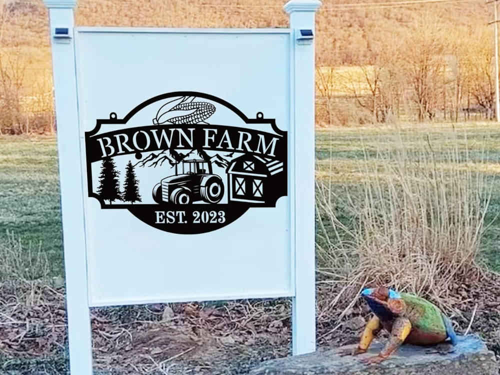 Custom farm tractor metal sign with personalized farm name and established year, steel farmhouse wall decor for barn or ranch