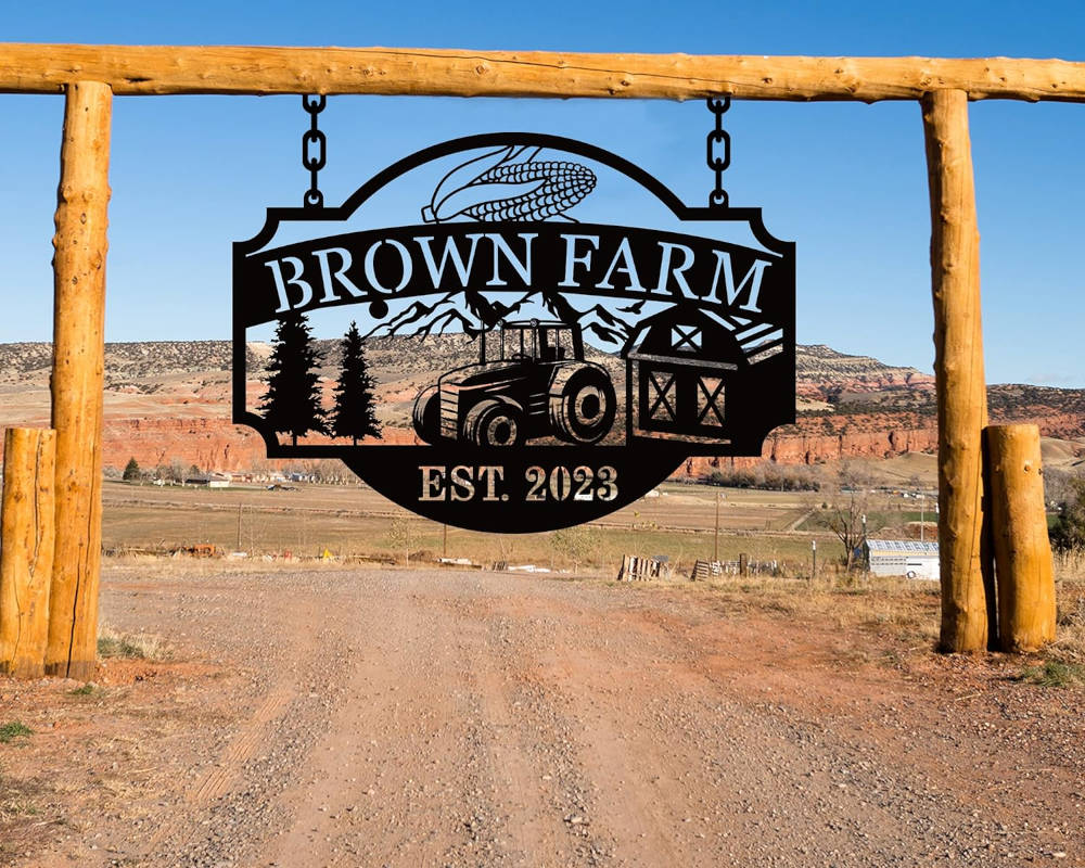 Custom farm tractor metal sign with personalized farm name and established year, steel farmhouse wall decor for barn or ranch