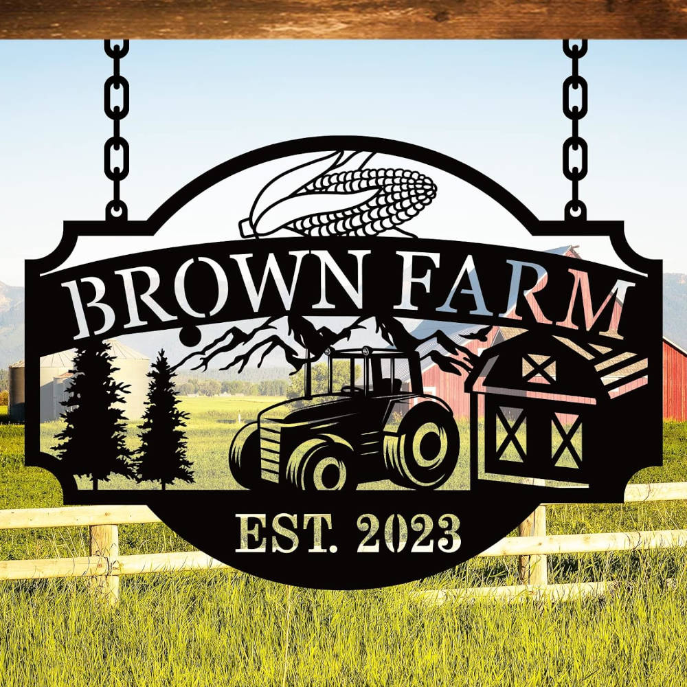 Custom farm tractor metal sign with personalized farm name and established year, steel farmhouse wall decor for barn or ranch