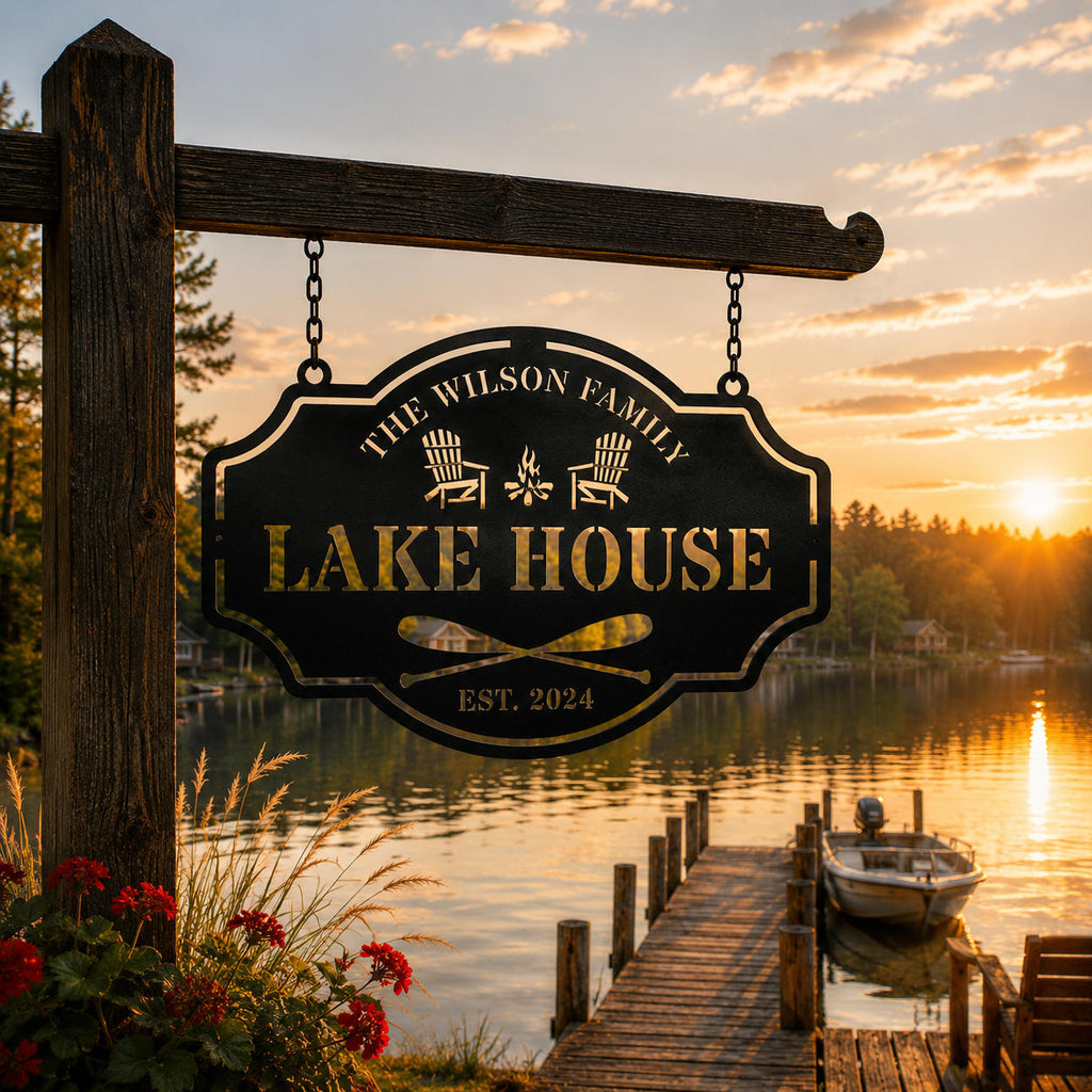 Custom Lake House metal sign with hanging loops suspended by chains from a wooden beam beside a peaceful lakeside dock at sunset.