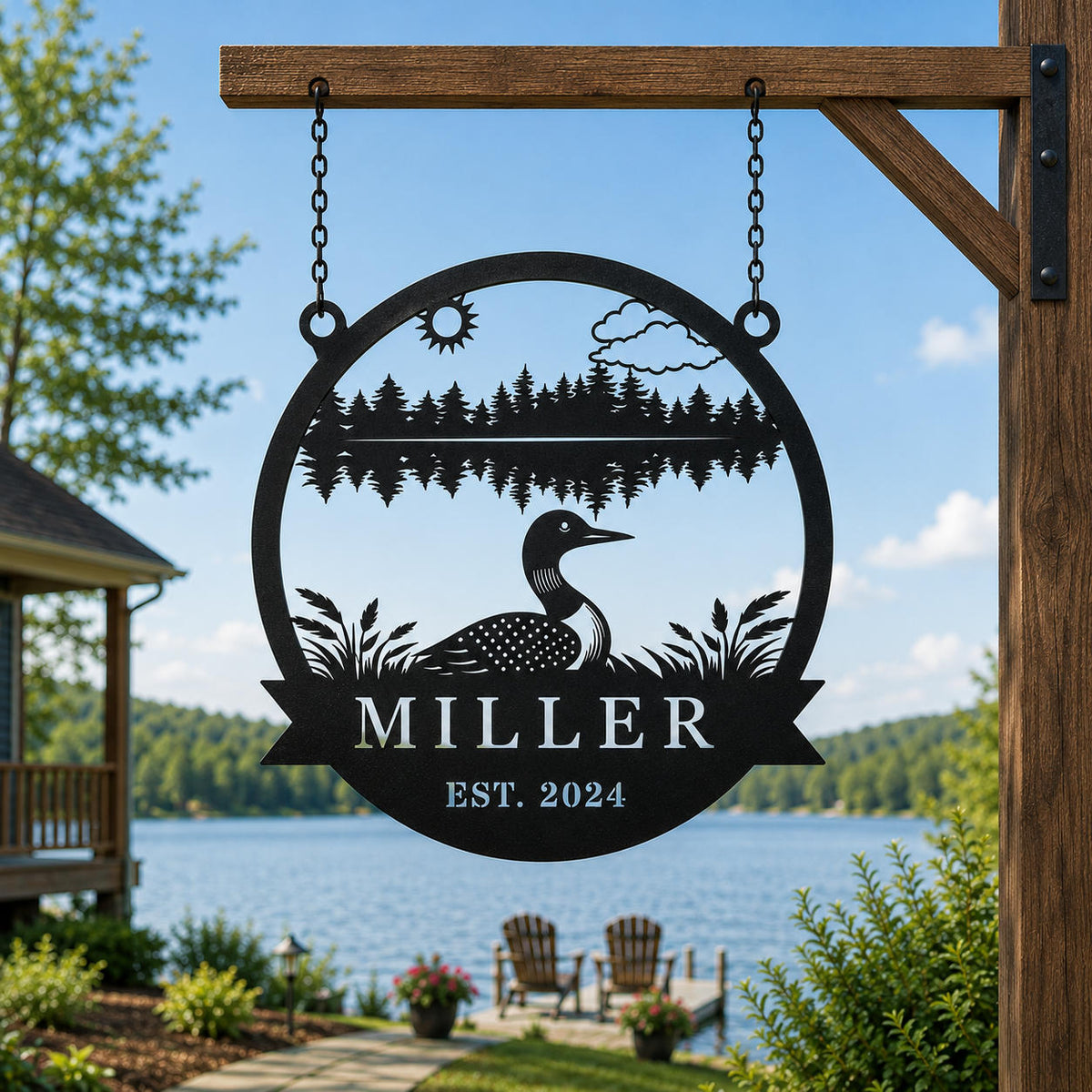 Personalized Miller loon lake house metal sign hanging from two top rings and chains overlooking a peaceful lake.
