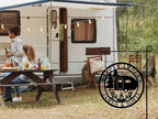 Personalized camping metal sign with camper, pine trees, campfire, and chairs design, custom text, laser cut steel with powder coat finish, rustic outdoor décor