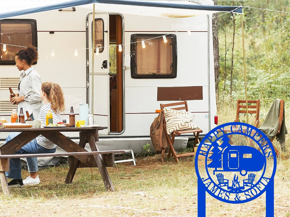 Personalized camping metal sign with camper, pine trees, campfire, and chairs design, custom text, laser cut steel with powder coat finish, rustic outdoor décor