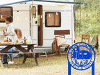 Personalized camping metal sign with camper, pine trees, campfire, and chairs design, custom text, laser cut steel with powder coat finish, rustic outdoor décor