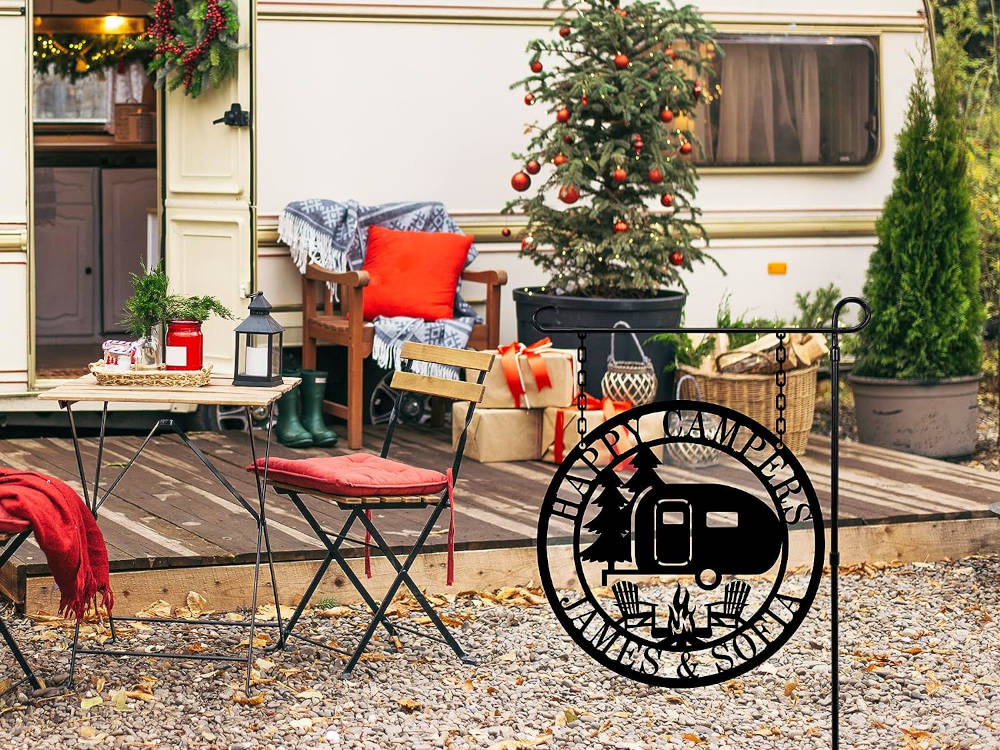 Personalized camping metal sign with camper, pine trees, campfire, and chairs design, custom text, laser cut steel with powder coat finish, rustic outdoor décor