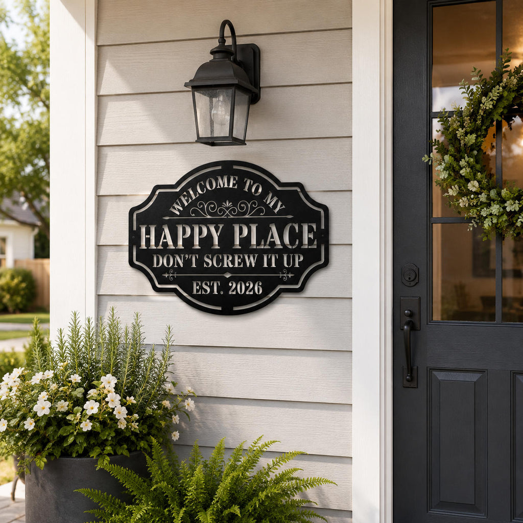 Personalized Happy Place metal sign mounted beside a modern farmhouse front door, custom outdoor steel welcome sign.