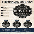 Personalization guide showing custom text options for a personalized Happy Place metal sign, including top text, main text, middle text and established year.