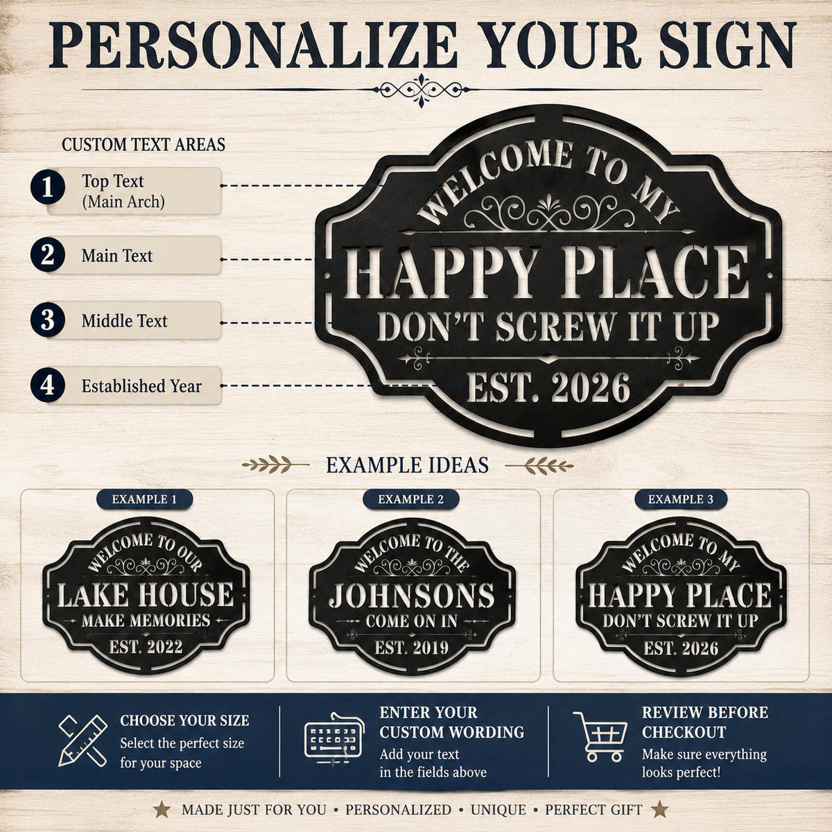 Personalization guide showing custom text options for a personalized Happy Place metal sign, including top text, main text, middle text and established year.