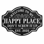Personalized black metal Happy Place sign with custom text, powder-coated steel wall decor isolated on a white background.