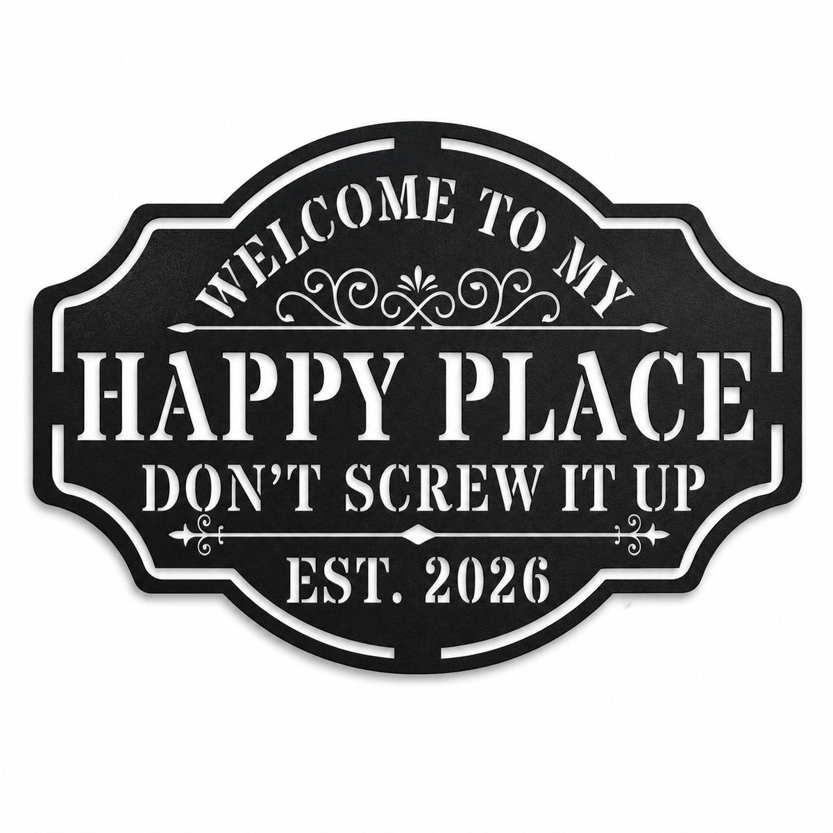 Personalized black metal Happy Place sign with custom text, powder-coated steel wall decor isolated on a white background.