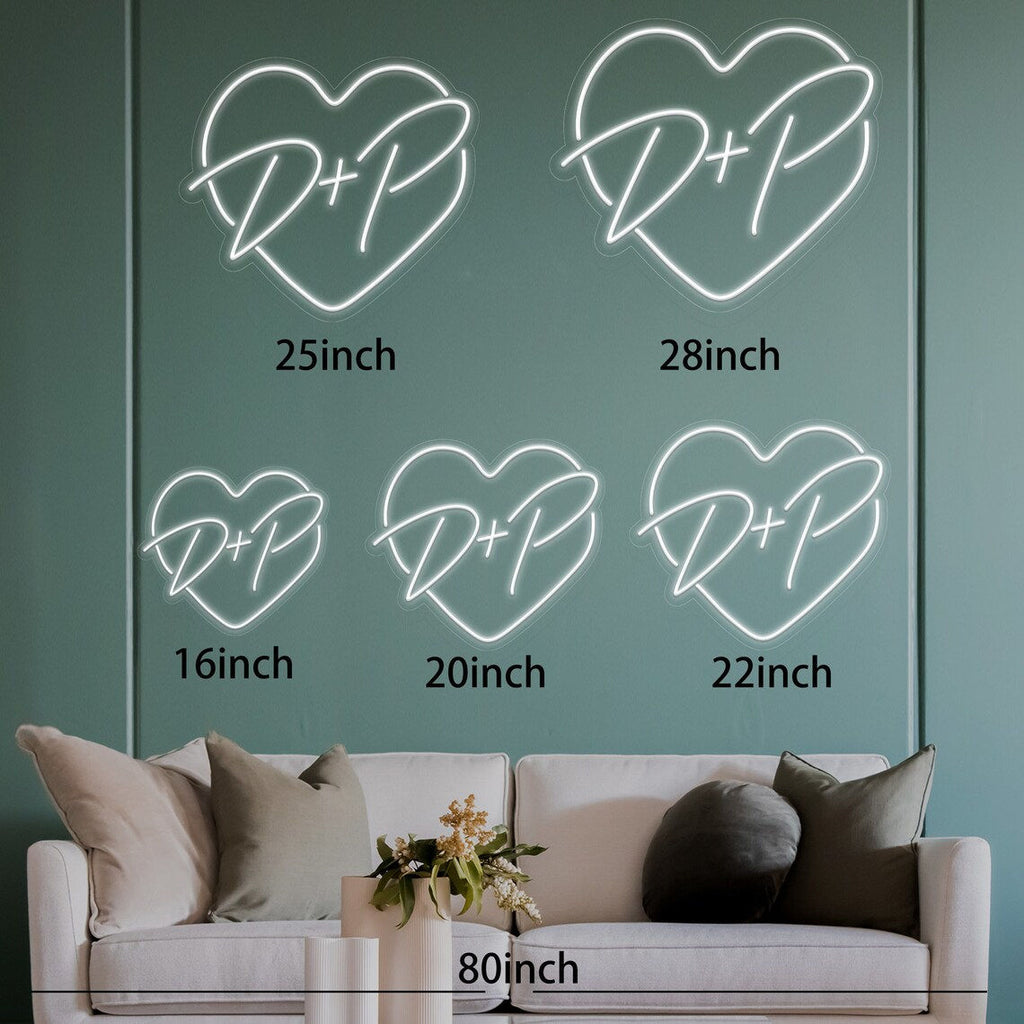 Custom heart initial neon sign with LED glow, featuring personalized letters inside a heart outline for home décor or romantic gifts