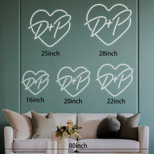 Custom heart initial neon sign with LED glow, featuring personalized letters inside a heart outline for home décor or romantic gifts