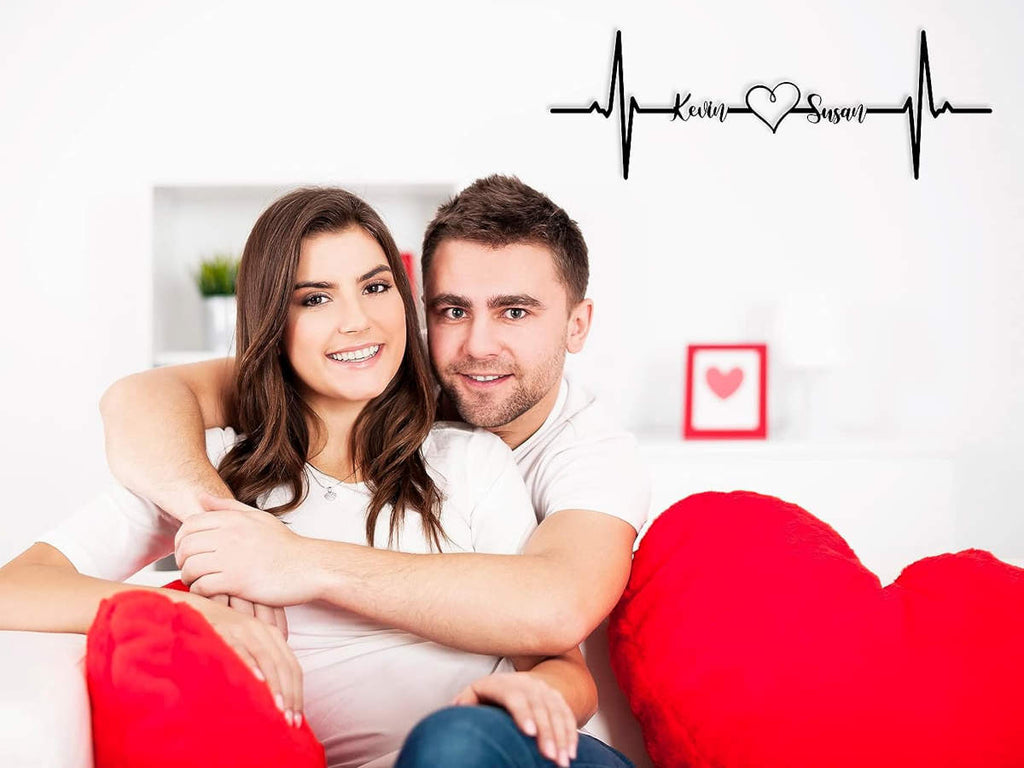Custom metal heartbeat name sign with heart and personalized names, laser-cut steel wall decor for couples