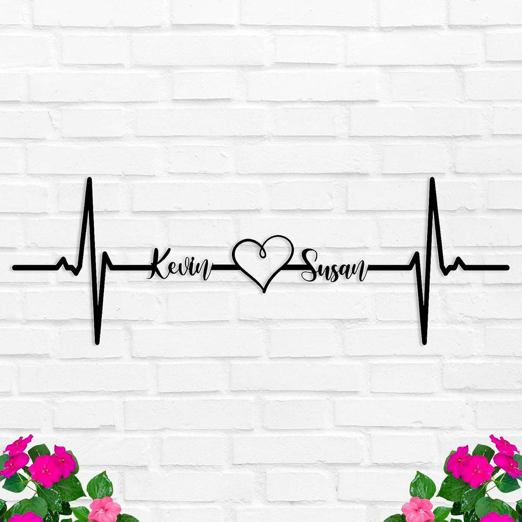 Custom metal heartbeat name sign with heart and personalized names, laser-cut steel wall decor for couples