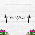 Custom metal heartbeat name sign with heart and personalized names, laser-cut steel wall decor for couples