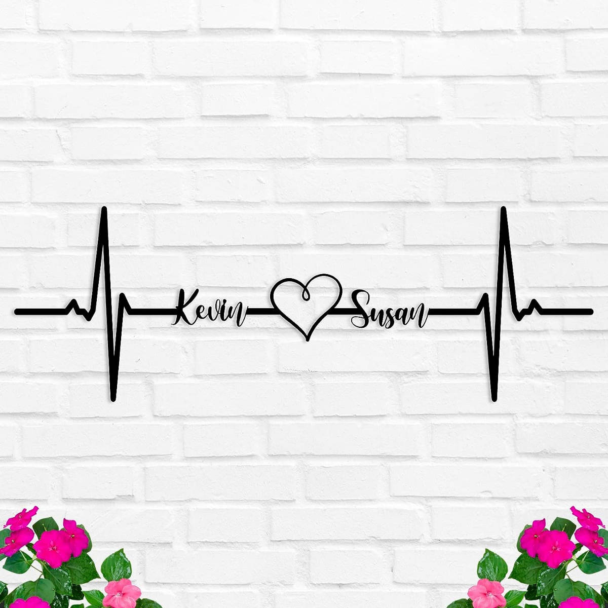 Custom metal heartbeat name sign with heart and personalized names, laser-cut steel wall decor for couples