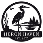 Custom metal heron garden sign with reeds, lake, and pine trees – personalized outdoor yard decor for home or cabin, laser-cut steel with powder coating