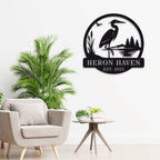 Custom metal heron garden sign with reeds, lake, and pine trees – personalized outdoor yard decor for home or cabin, laser-cut steel with powder coating