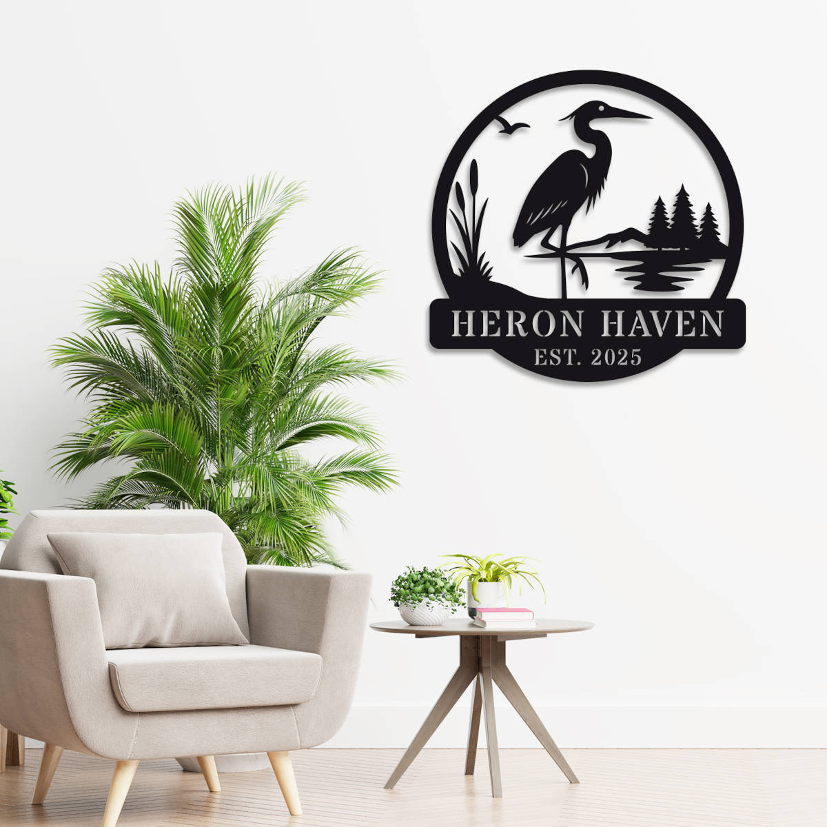 Custom metal heron garden sign with reeds, lake, and pine trees – personalized outdoor yard decor for home or cabin, laser-cut steel with powder coating