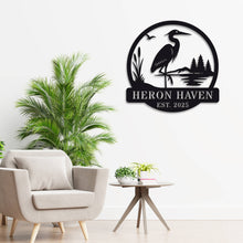 Custom metal heron garden sign with reeds, lake, and pine trees – personalized outdoor yard decor for home or cabin, laser-cut steel with powder coating