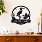 Custom metal heron garden sign with reeds, lake, and pine trees – personalized outdoor yard decor for home or cabin, laser-cut steel with powder coating