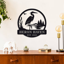 Custom metal heron garden sign with reeds, lake, and pine trees – personalized outdoor yard decor for home or cabin, laser-cut steel with powder coating