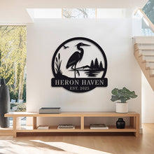 Custom metal heron garden sign with reeds, lake, and pine trees – personalized outdoor yard decor for home or cabin, laser-cut steel with powder coating