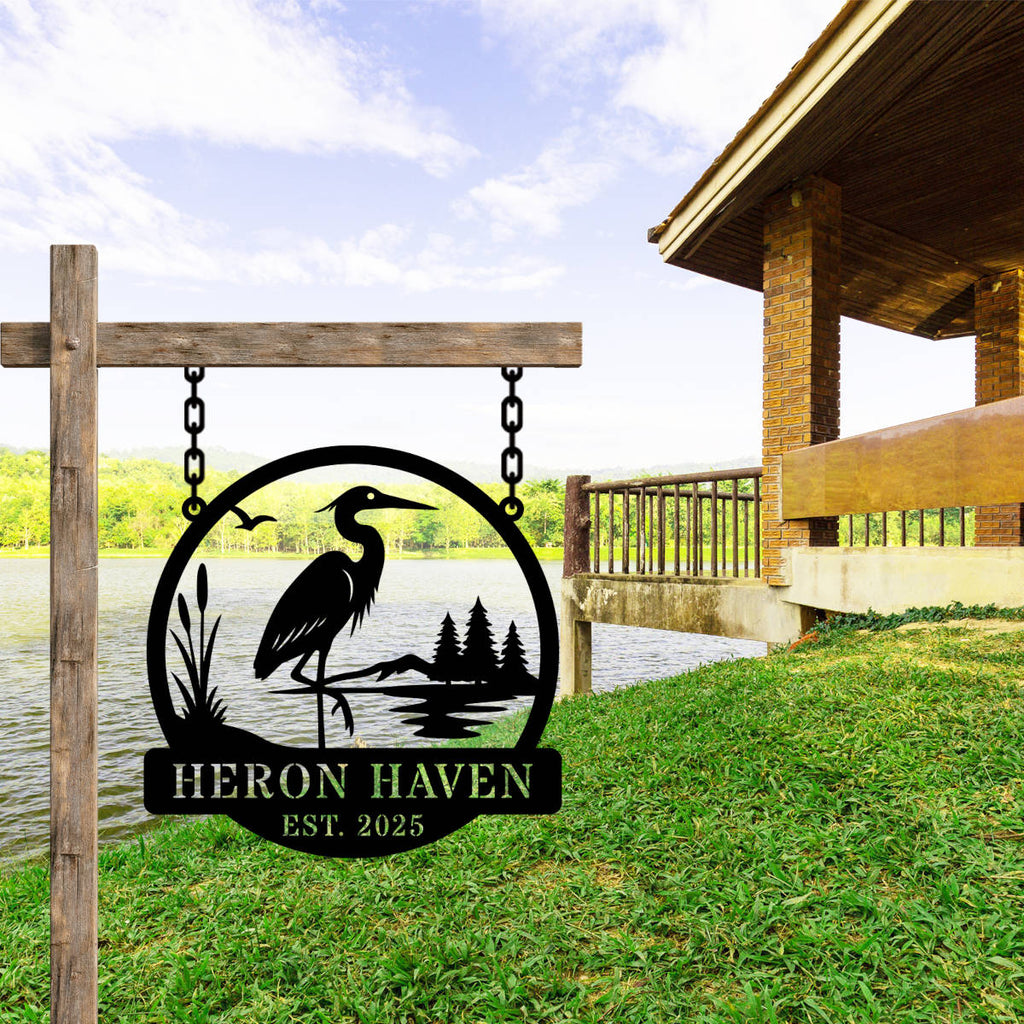 Custom metal heron garden sign with reeds, lake, and pine trees – personalized outdoor yard decor for home or cabin, laser-cut steel with powder coating