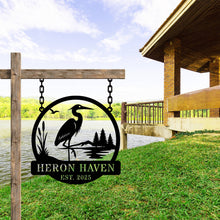Custom metal heron garden sign with reeds, lake, and pine trees – personalized outdoor yard decor for home or cabin, laser-cut steel with powder coating