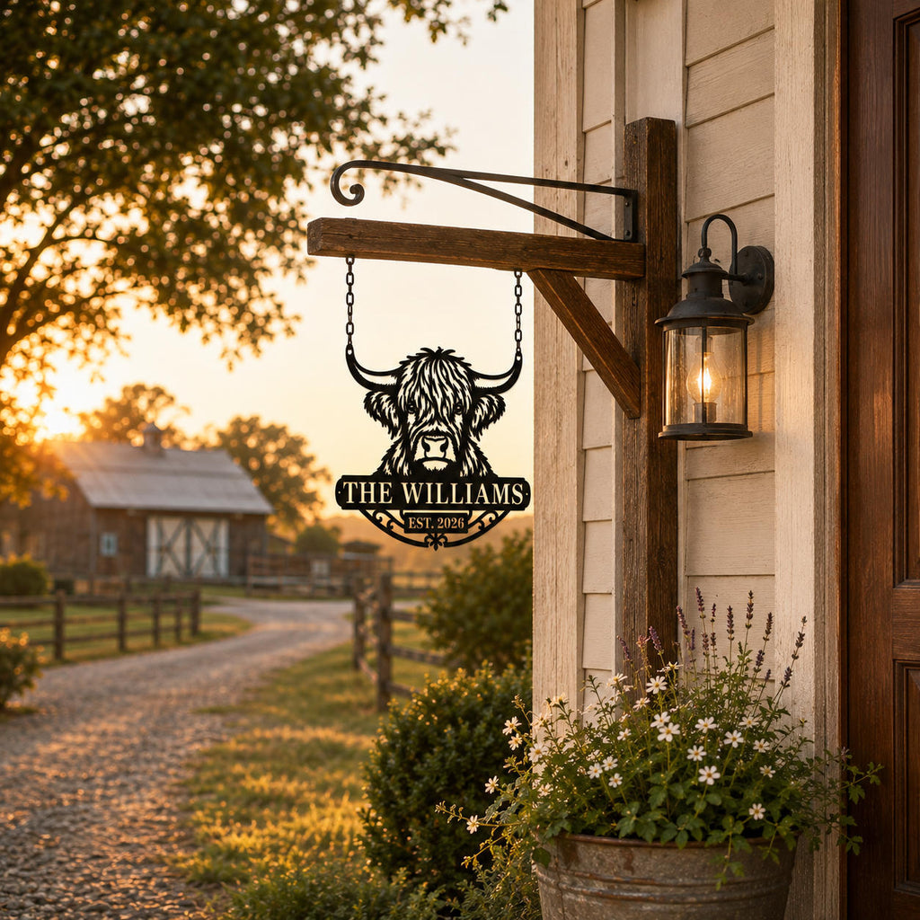 Personalized Highland cow metal sign hanging beside a farmhouse entrance with two horn mounting holes.