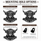 Highland cow metal sign mounting hole options including no holes, four holes, and two horn holes for hanging.