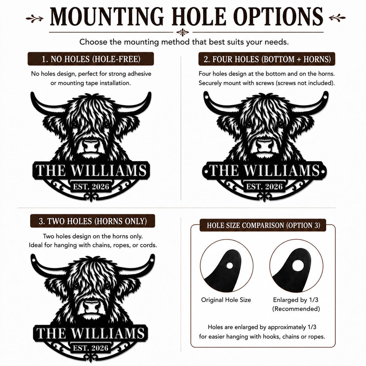 Highland cow metal sign mounting hole options including no holes, four holes, and two horn holes for hanging.