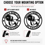Comparison of left and right mounting holes and no-hole options for a personalized home gym metal sign.