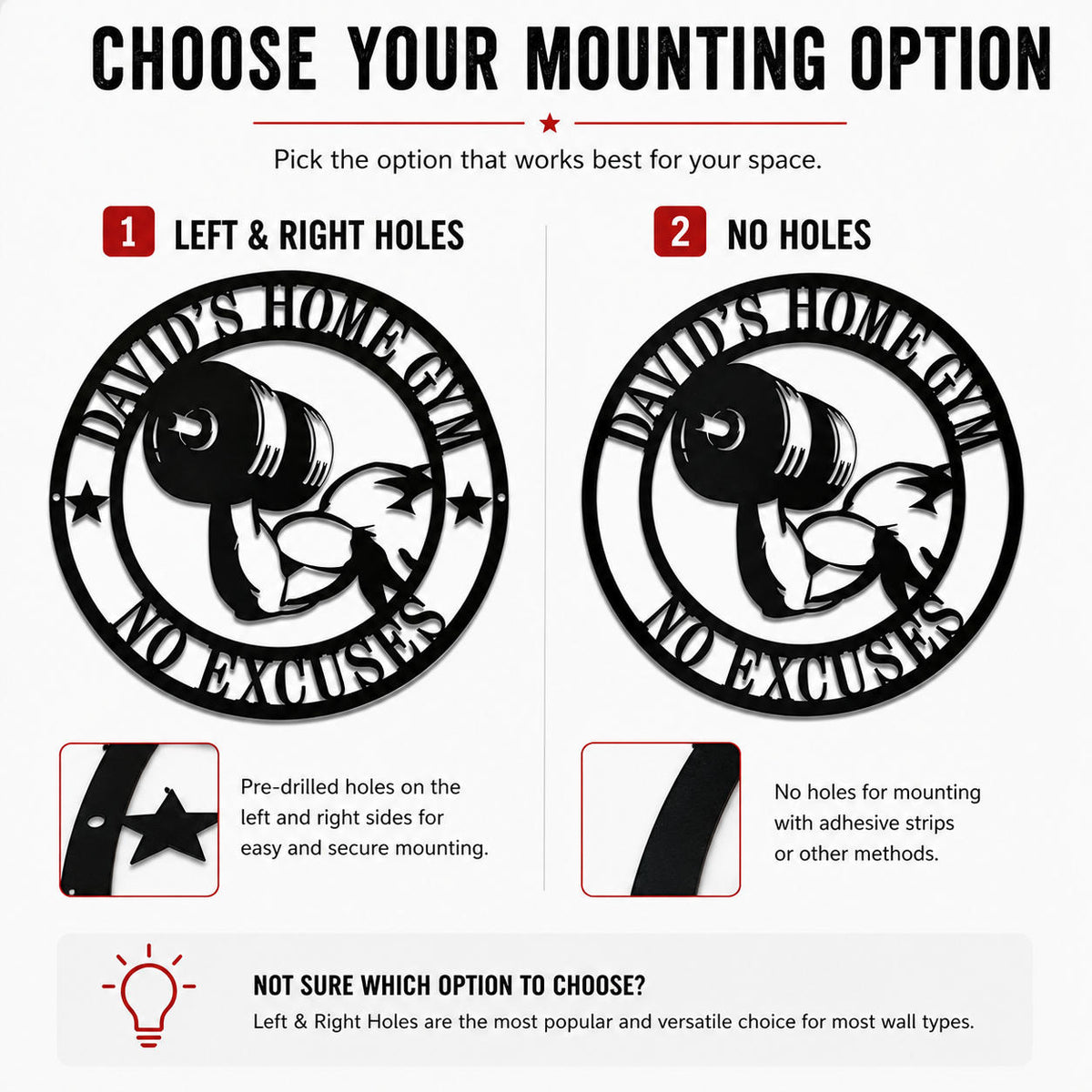 Comparison of left and right mounting holes and no-hole options for a personalized home gym metal sign.
