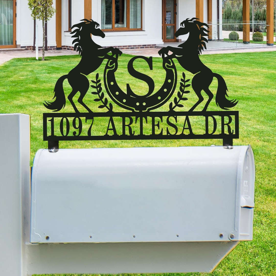 Personalized stainless steel horse mailbox topper featuring two rearing horses, a horseshoe monogram initial, and custom address number in black powder-coated finish. Main image