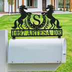 Personalized stainless steel horse mailbox topper featuring two rearing horses, a horseshoe monogram initial, and custom address number in black powder-coated finish.