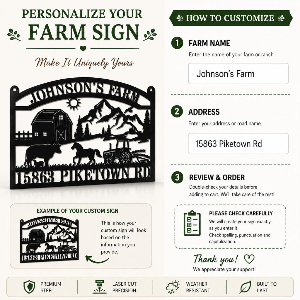 Customization guide for a personalized farm sign showing farm name, address, review steps, and example metal sign preview.