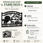 Customization guide for a personalized farm sign showing farm name, address, review steps, and example metal sign preview.