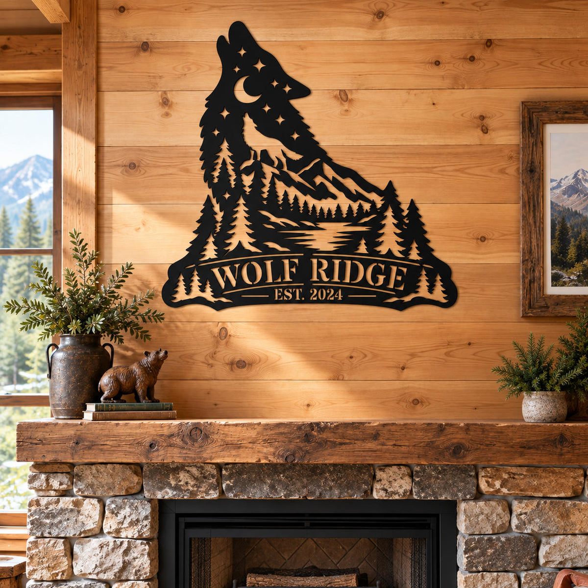 Custom wolf mountain metal wall art displayed above a rustic stone fireplace in a wooden cabin.