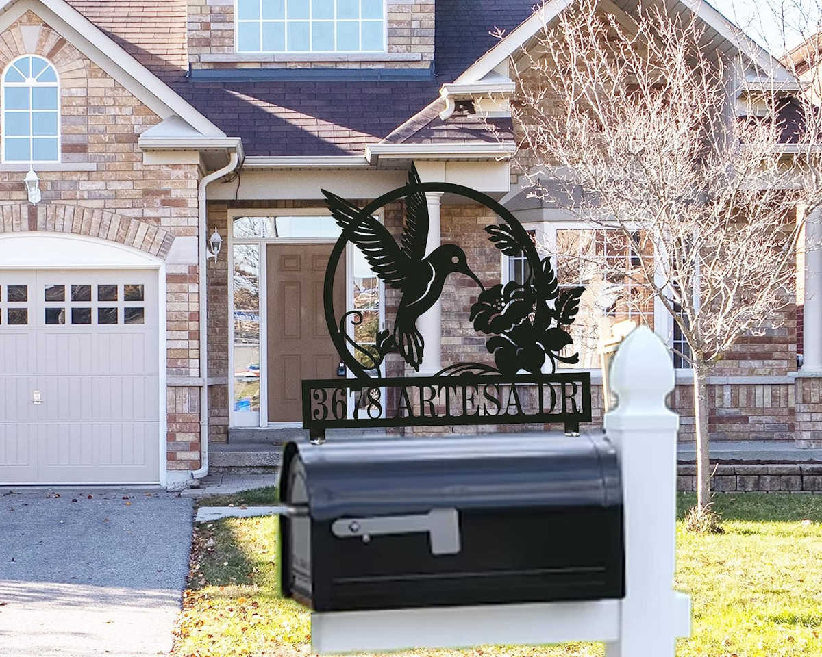 Custom metal mailbox topper with hummingbird and flower design, personalized house address sign for front yard décor