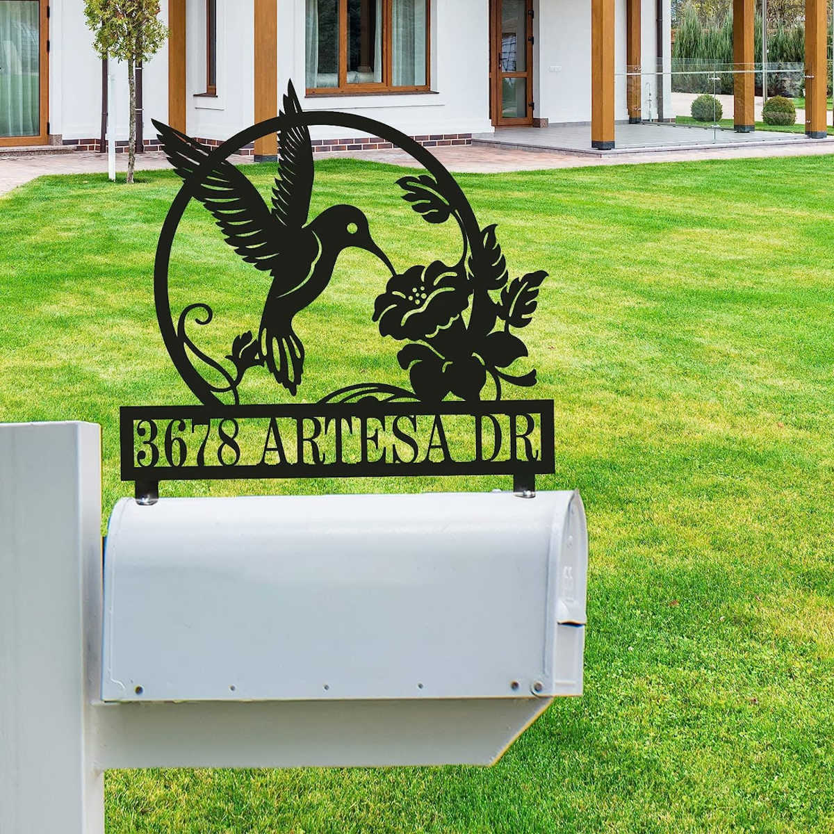 Custom metal mailbox topper with hummingbird and flower design, personalized house address sign for front yard décor Main image