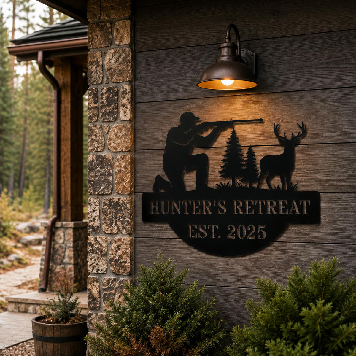 Black personalized hunting cabin metal sign mounted on rustic wood porch entrance with forest background