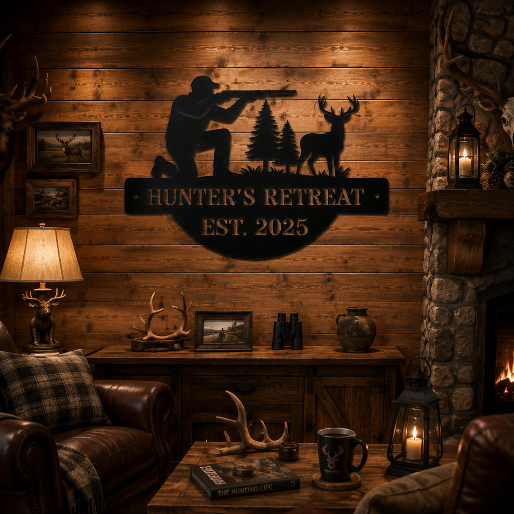 Hunter's Retreat metal wall sign displayed in a rustic hunting lodge interior with wood walls and fireplace