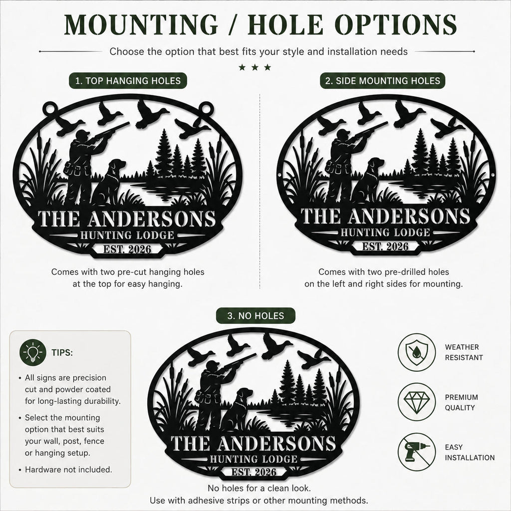 Mounting options for a personalized hunting lodge metal sign showing top hanging holes, side mounting holes, and no-hole styles.