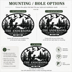 Mounting options for a personalized hunting lodge metal sign showing top hanging holes, side mounting holes, and no-hole styles.