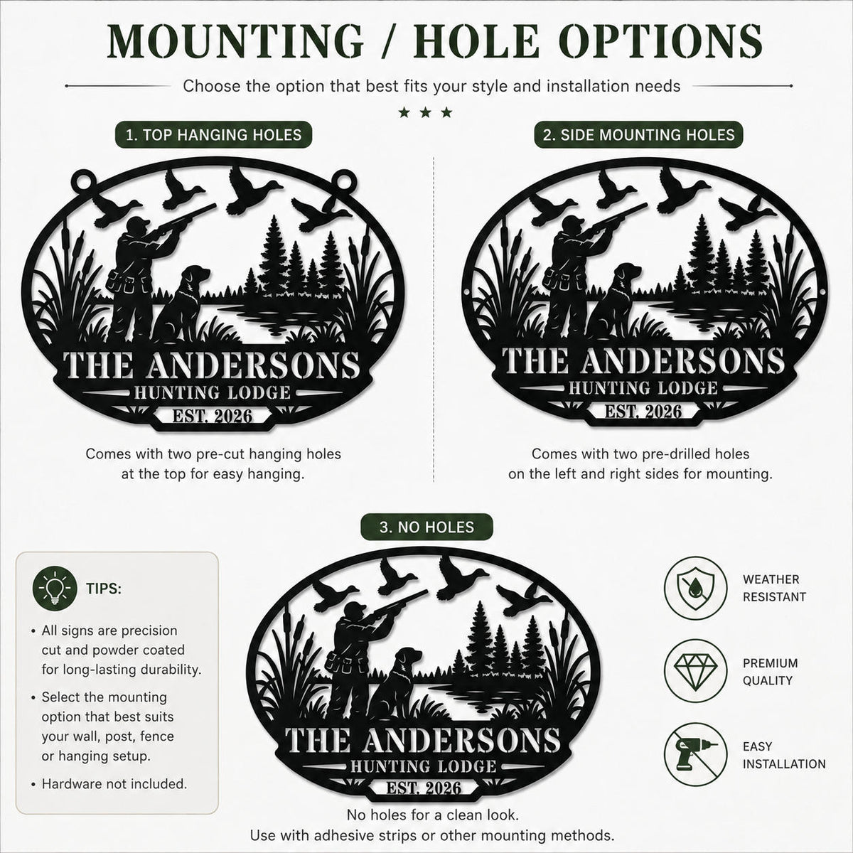 Mounting options for a personalized hunting lodge metal sign showing top hanging holes, side mounting holes, and no-hole styles.