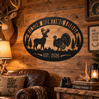 Custom hunting lodge metal wall sign displayed in a rustic trophy room with warm cabin decor.