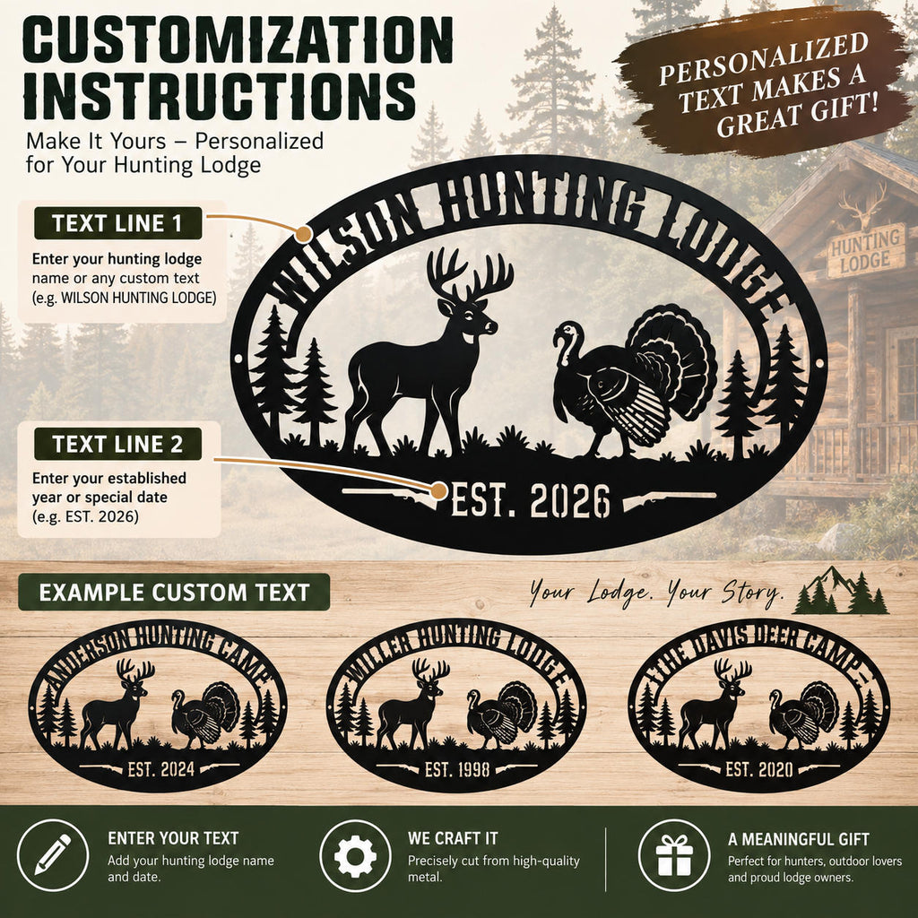 Customization guide for a personalized hunting lodge metal sign showing how to enter lodge name and established year.