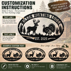 Customization guide for a personalized hunting lodge metal sign showing how to enter lodge name and established year.