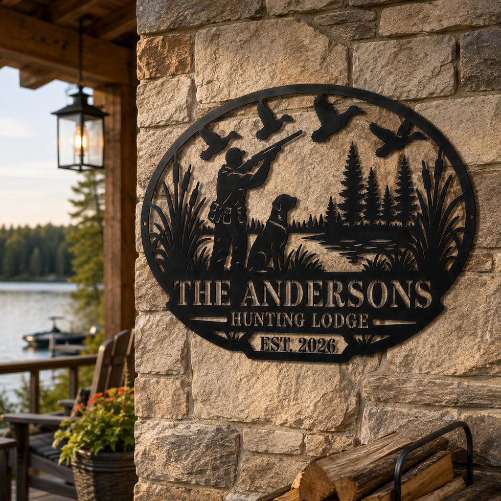 Custom hunting lodge metal sign mounted on a stone wall beside a rustic lakeside cabin and porch.
